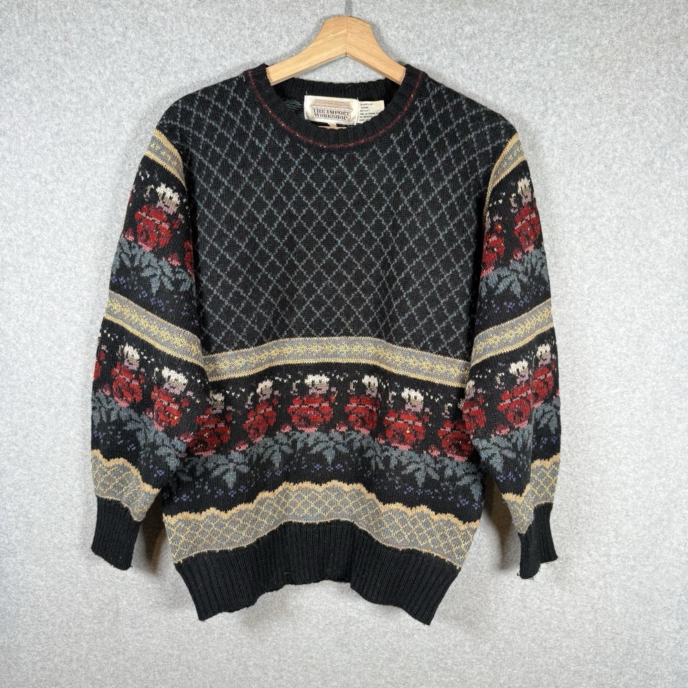 The import workshop sweater womens large wool pullover floral 80s vintage